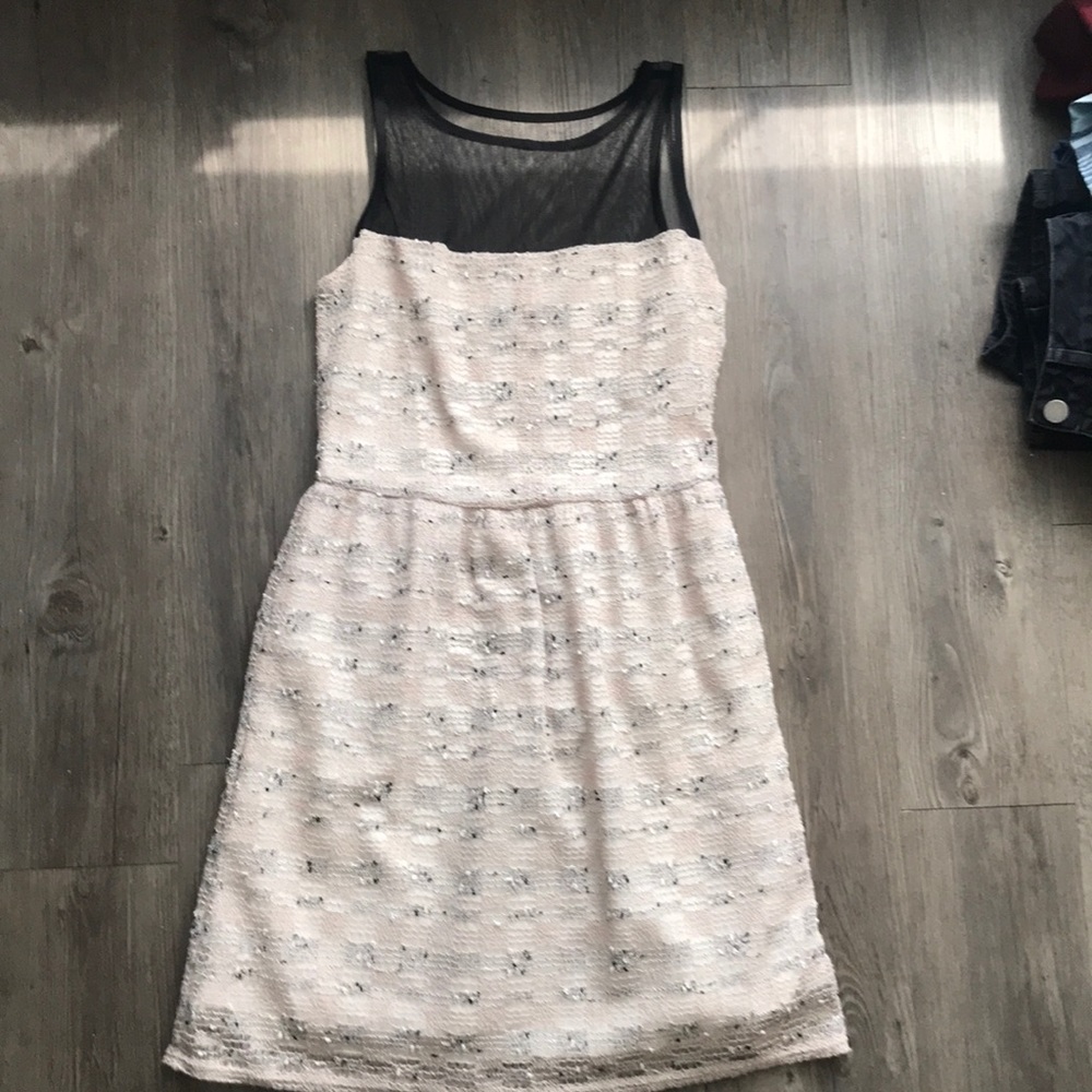 Bar III Beige & Black Dress W/ Black Mesh Neckline